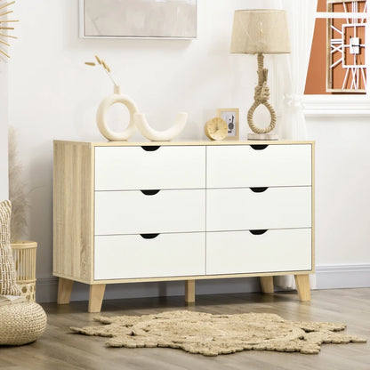 Wide Two-Tone White and Natural Wood Chest of Drawers with 6-Drawers and Open Style Handles