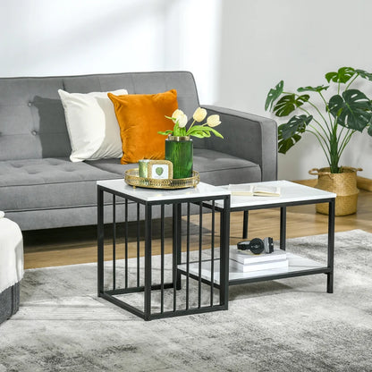 Marble Effect Nesting Coffee Table Set with Bar Enclosed Underneath and Open Style Shelf Bottom