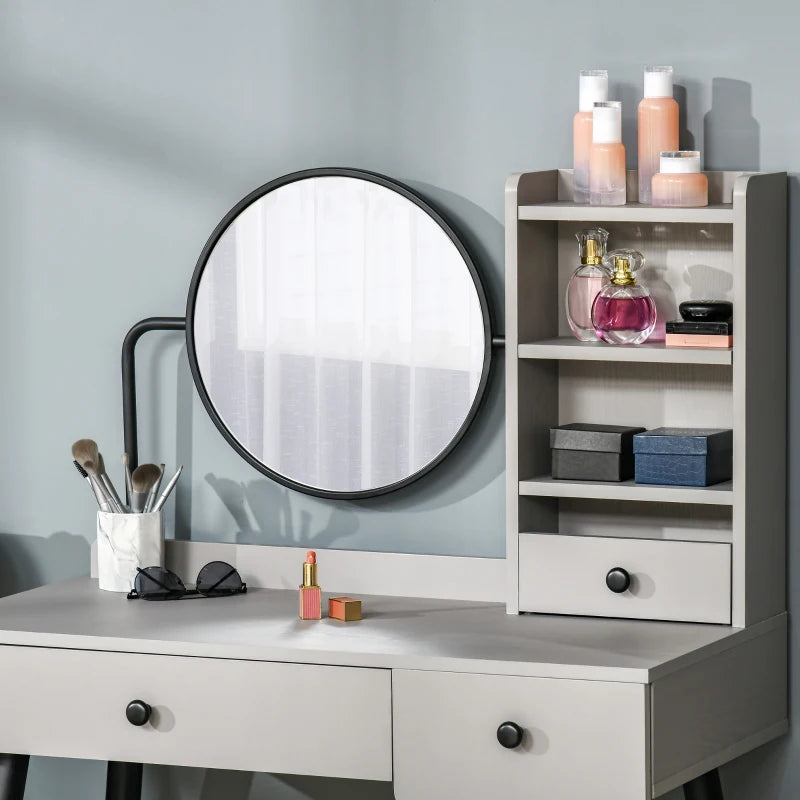 Modern Style Dressing Table with Round Mirror & Stool