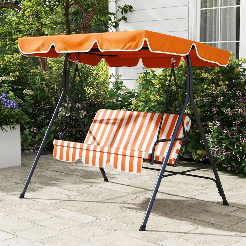 3-Seater Swing Chair with Adjustable Overhead Sun Protection Canopy - Orange / White Stripe