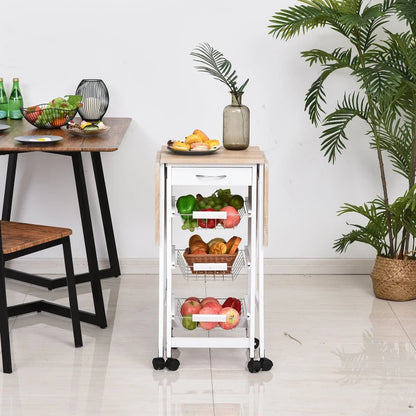 Drop Leaf Kitchen Cart Trolley with 3 Wire Basket Drawers and Extendable Countertop