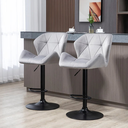 Set of 2 Geometric Style Velvet Barstools / Breakfast Bar Stools with Adjustable Height and Footrest - Grey