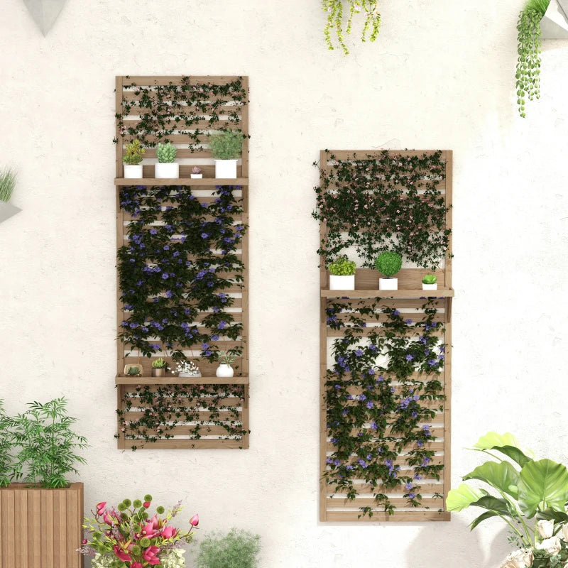 Set of 2 - Wall Mounted Plant Stand / Flower Rack with Back Trellis - Natural Wood Effect