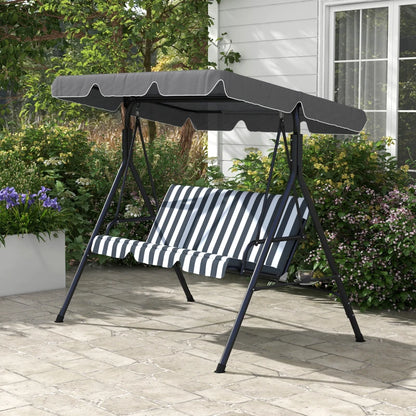 3-Seater Swing Chair with Adjustable Overhead Sun Protection Canopy - Grey / White Stripe