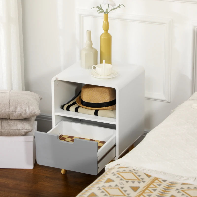 Two-Tone Wooden Side Table / Bedside Table with Drawer and Open Style Shelf