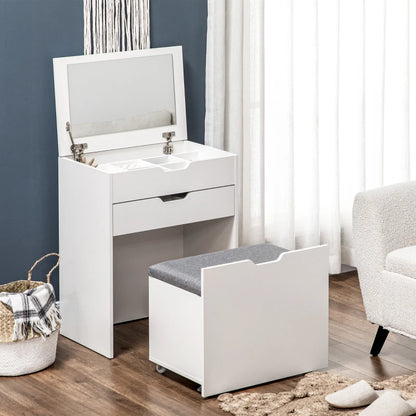 Slimline Dressing Table with Built in Vanity Mirror Drawer and Hidden Compartments for Bedroom