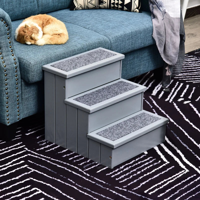 3-Step Dog / Pet Staircase Ladder with Hidden Storage Compartments - Grey