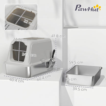 Extra Large Stainless Steel Litter Box, Enclosed Cat Litter Tray with Scoop, Deodorizer Bag, Front-Entry and Top-Exit