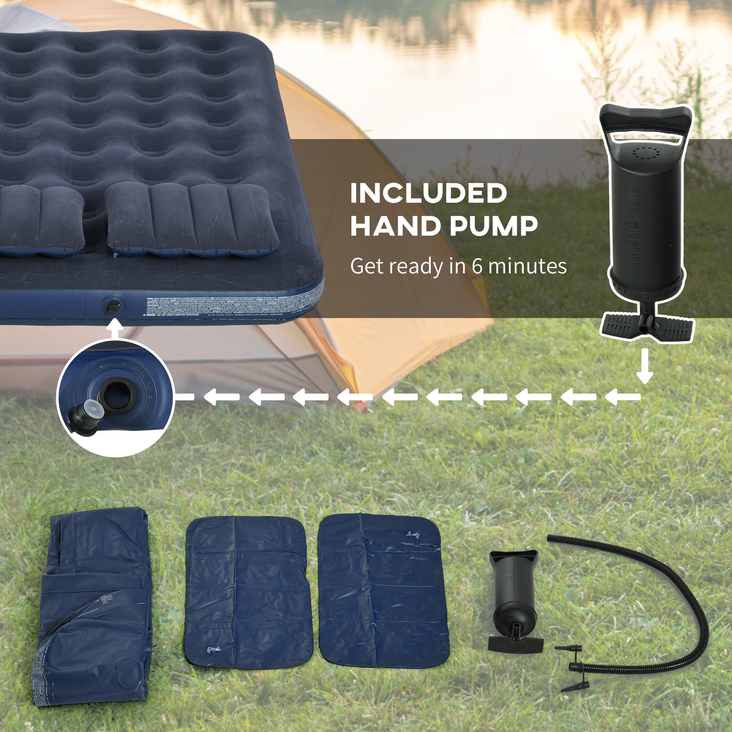 Inflatable King Size Air Bed, with Built-In Hand Pump - Blue