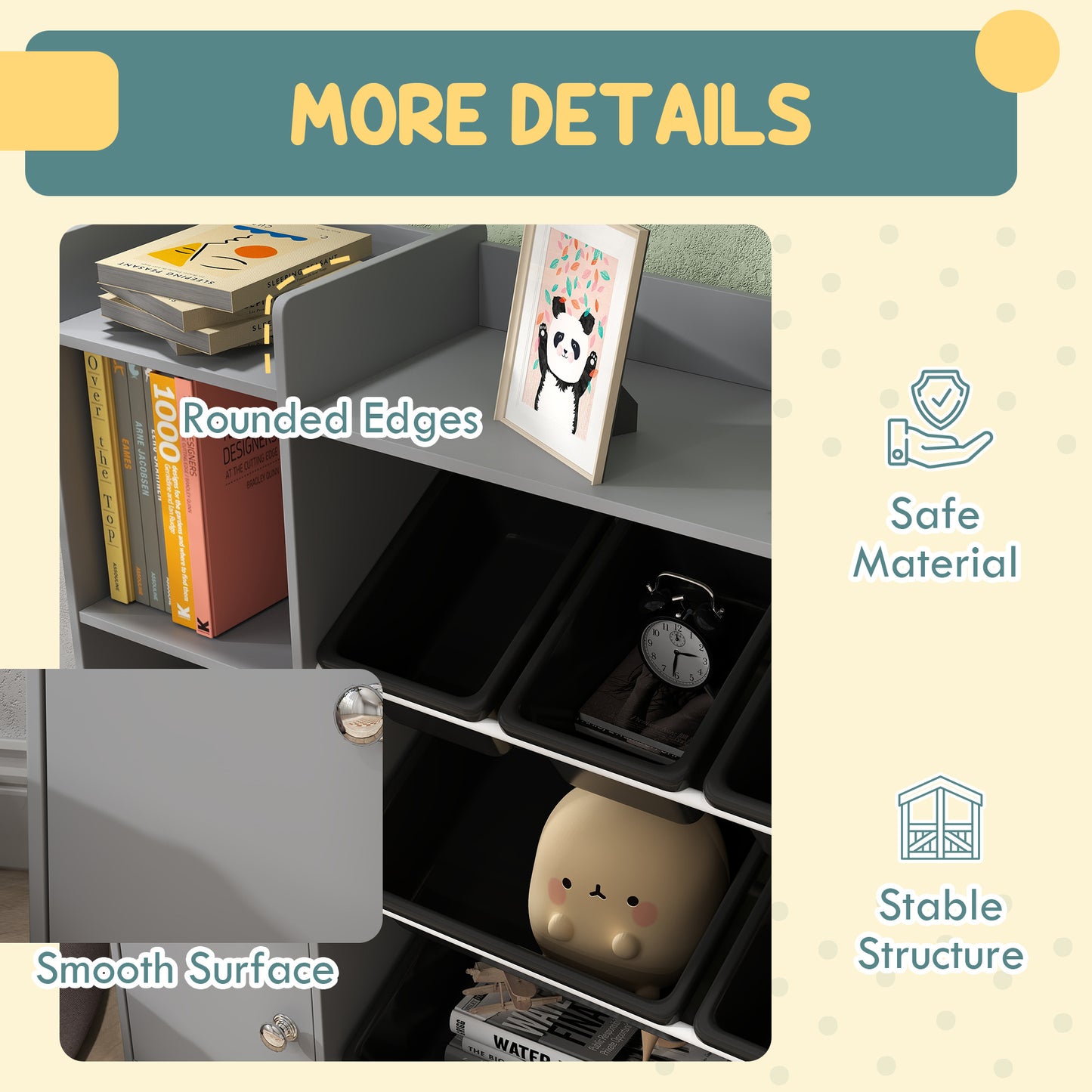 Toy Storage Unit with 8 Removable Bins, Storage Shelves, Cabinet, Grey