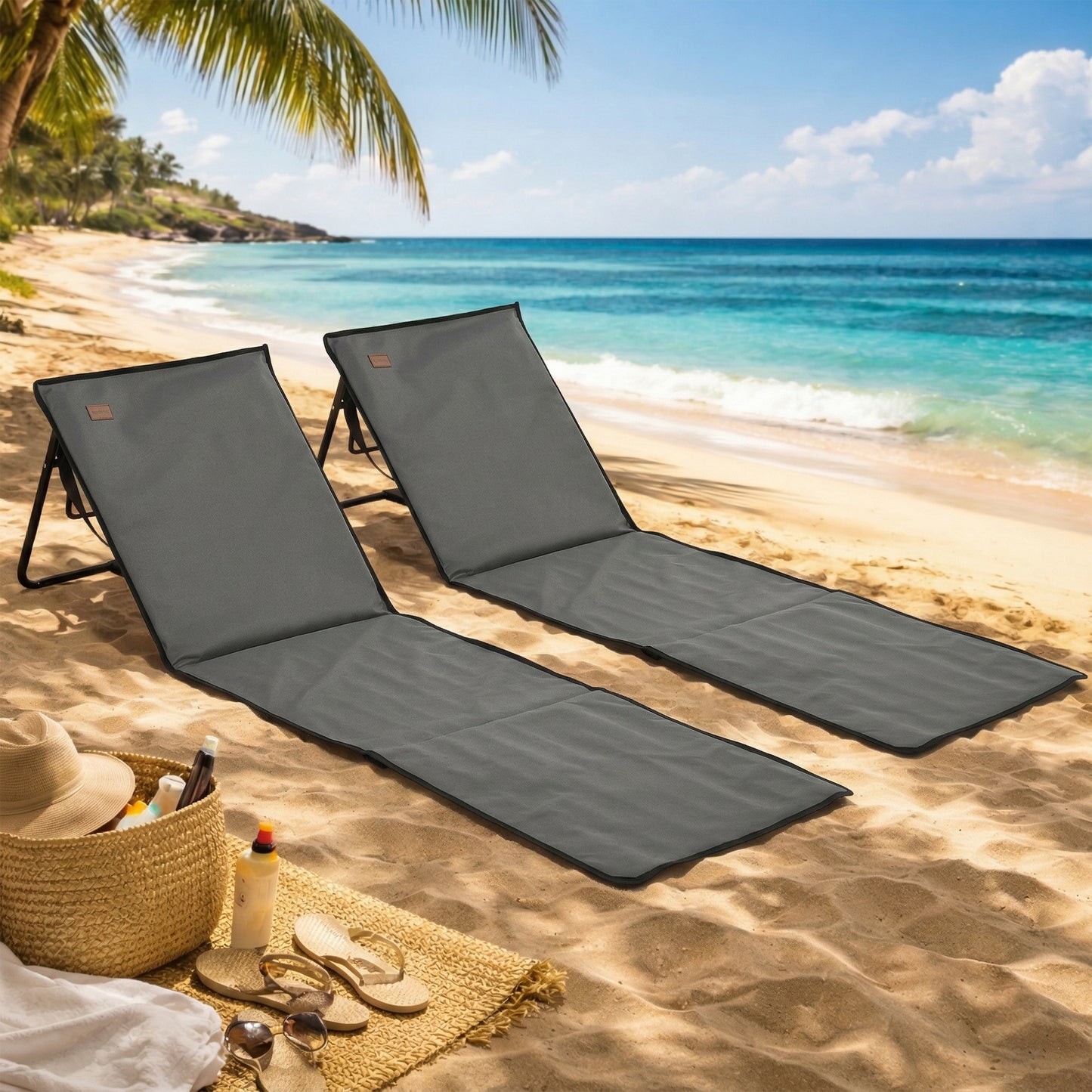 Set of 2 Foldable Garden Beach Chair Mat, Outdoor Sun Lounger Seats with Adjustable Back, Magazine Pocket, Carry Strap