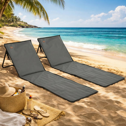 Set of 2 Foldable Garden Beach Chair Mat, Outdoor Sun Lounger Seats with Adjustable Back, Magazine Pocket, Carry Strap