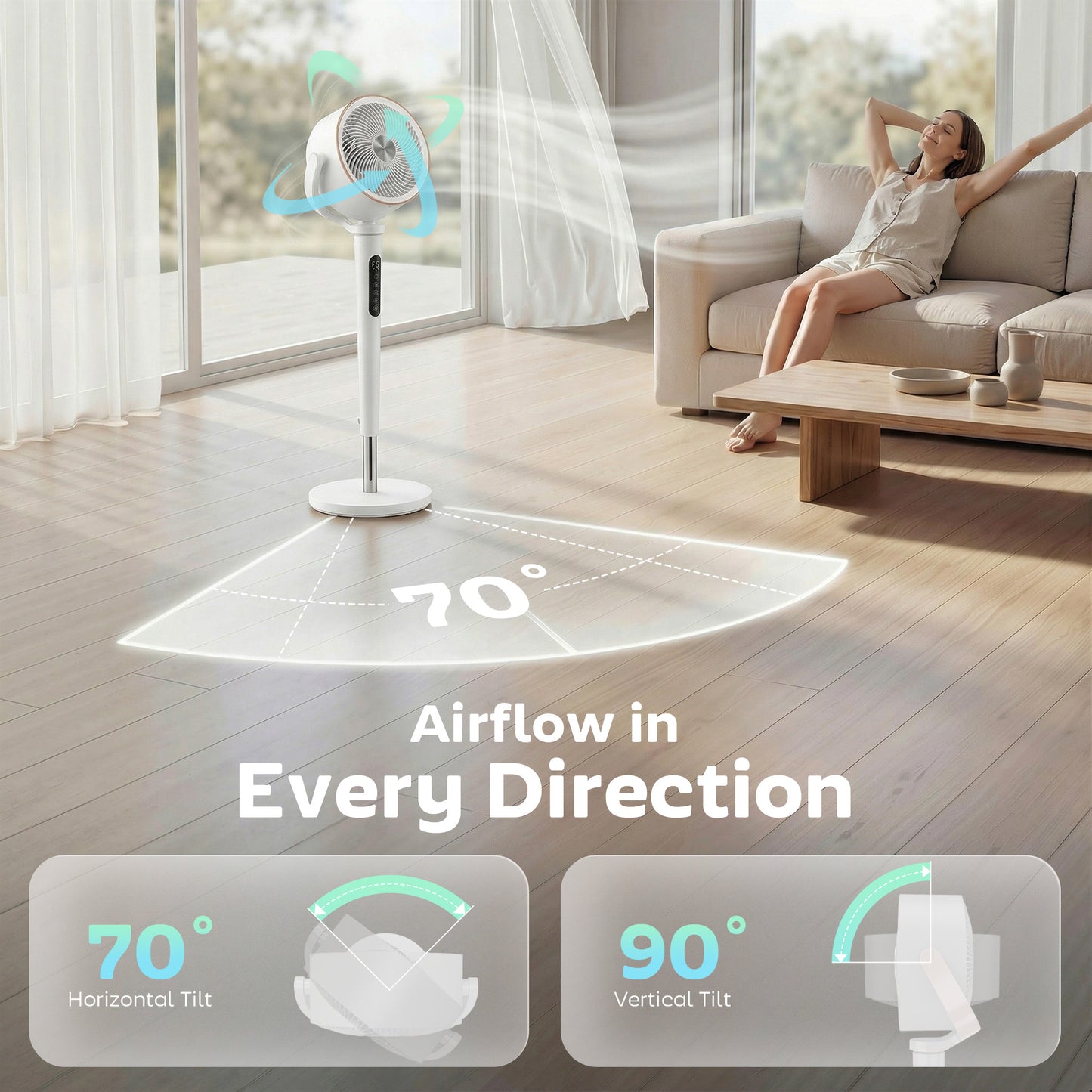 20dB Silent Standing Fan, 70°+90° Auto Oscillating Fan with 12 Speeds, LED Light, Air Circulator, Remote Control, 12H Timer