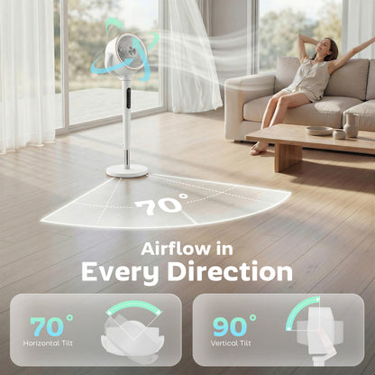 20dB Silent Standing Fan, 70°+90° Auto Oscillating Fan with 12 Speeds, LED Light, Air Circulator, Remote Control, 12H Timer