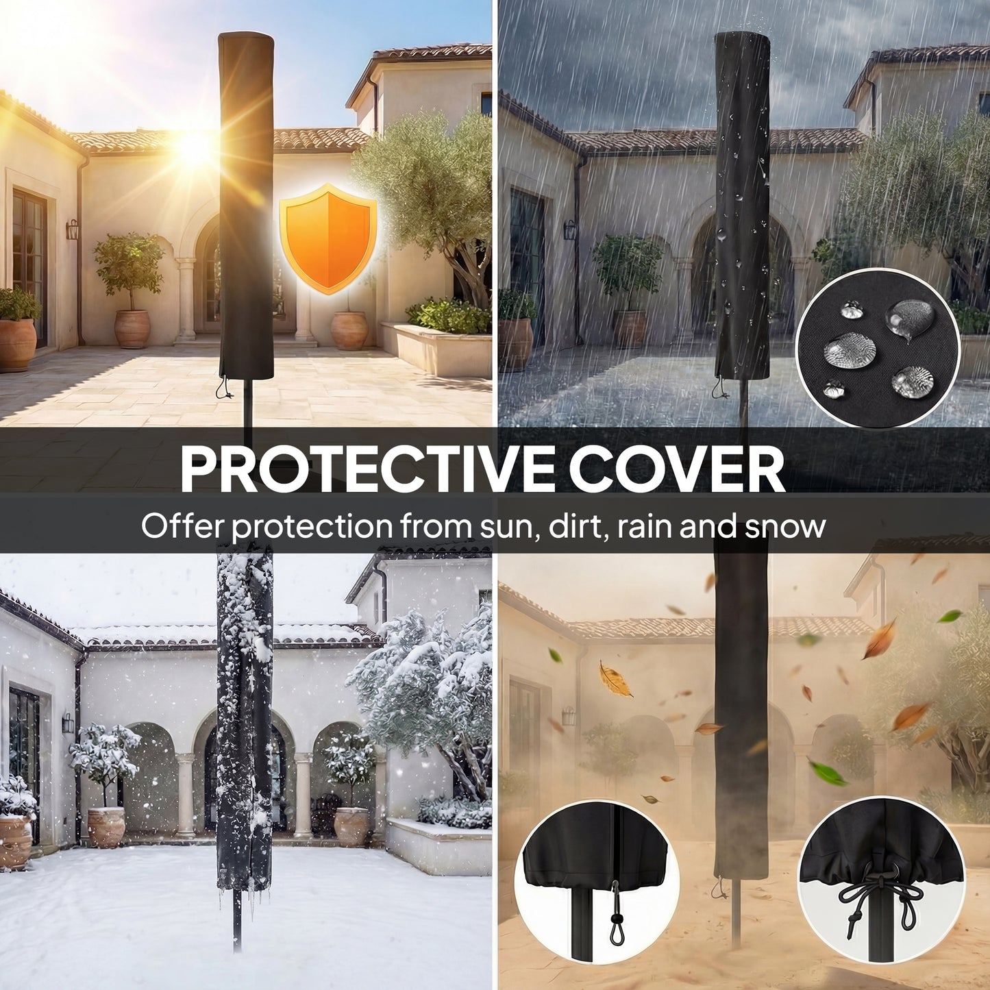 2.6 m Garden Parasol Umbrella with LED Solar Light, Parasol Cover, Outdoor Market Patio Umbrella, Black