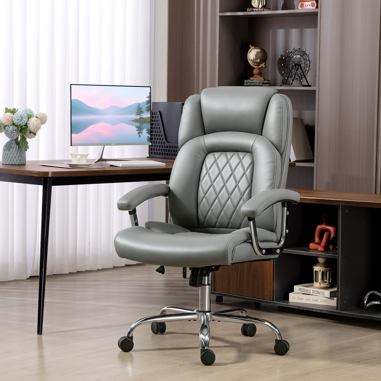 Big and Tall Office Chair 180kg with Spring Cushion, PU Leather - Grey
