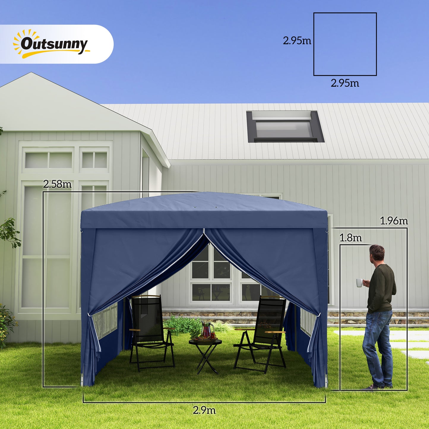 3x3(m) Pop-Up Gazebo, with Curtain Walls and Windows, Blue