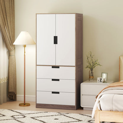 Modern Clothes Storage Cupboard Unit, 3 Drawer 2 Door Wardrobe with Hanging Rod, White/Brown