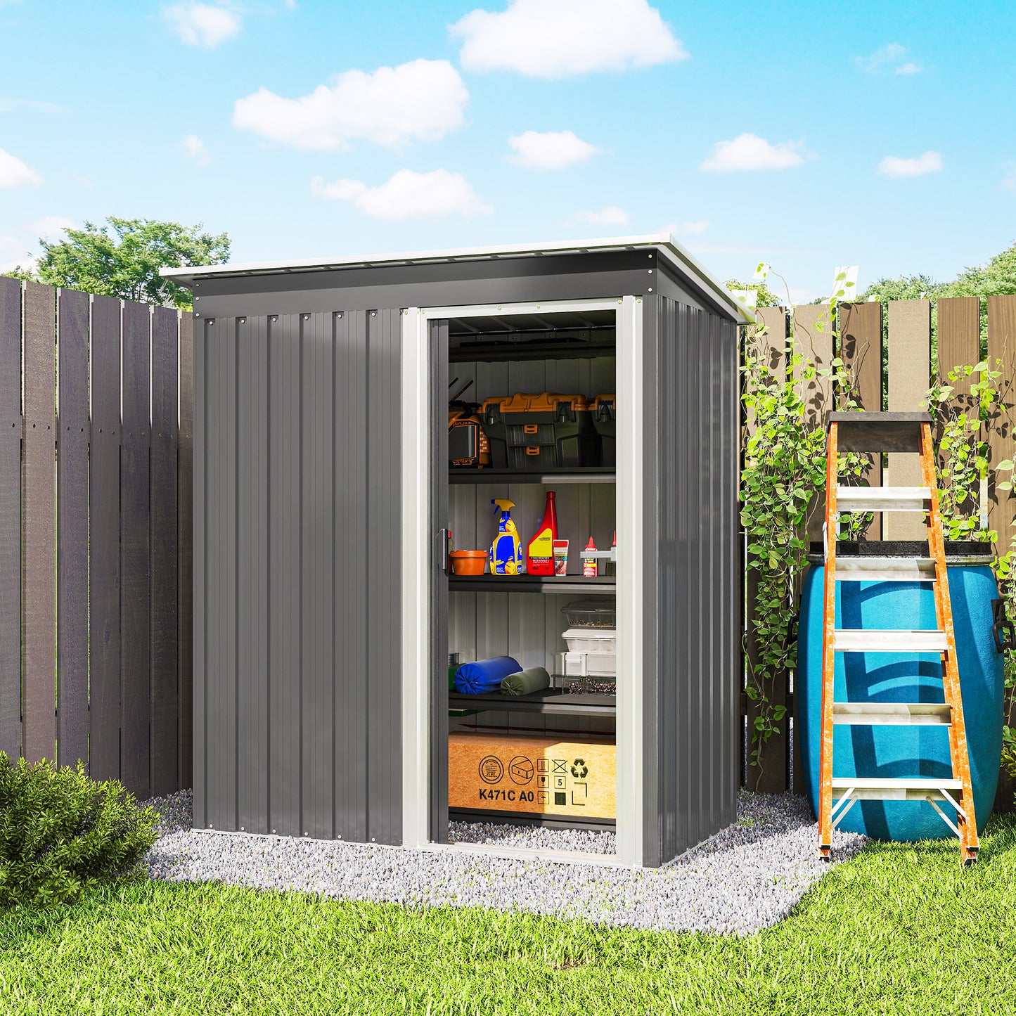 5 x 3ft Garden Storage Shed with Sliding Door and Sloped Roof Outdoor Equipment Tool, Light Grey
