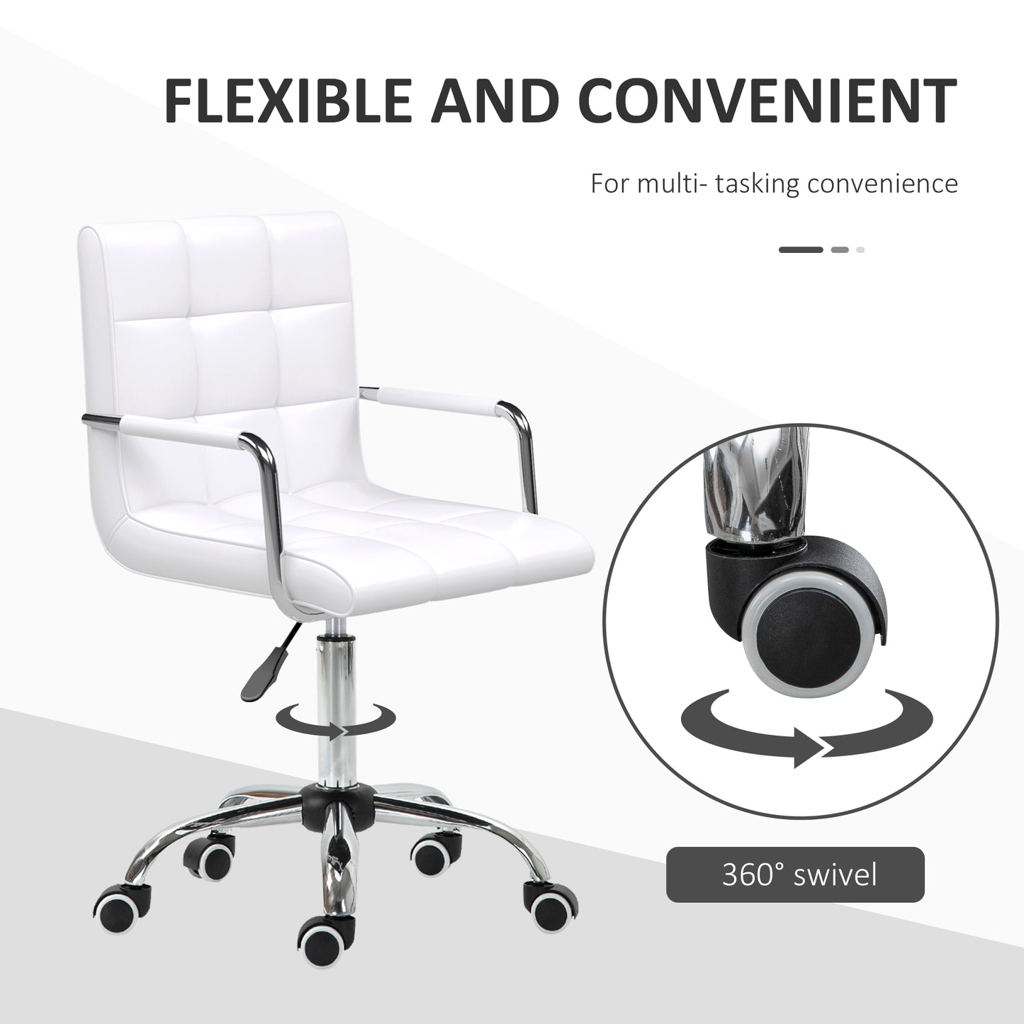 Makeup Vanity Chair, PU Leather Mid Back Office Chair with Adjustable Height, Armrest and Rolling Wheels, White