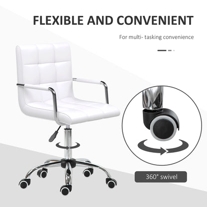 Makeup Vanity Chair, PU Leather Mid Back Office Chair with Adjustable Height, Armrest and Rolling Wheels, White