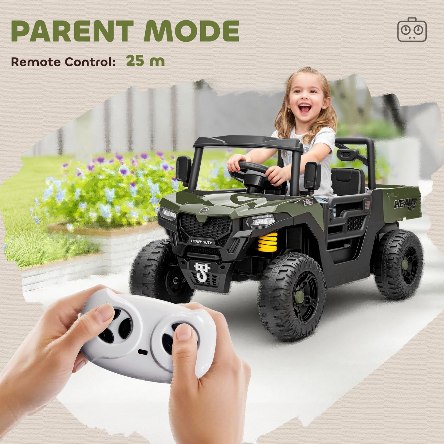 Kids Ride on Car, 12V Electric Kids UTV with Electric Dump Bed, 4-Wheel Suspension for 3-8 Years, Green
