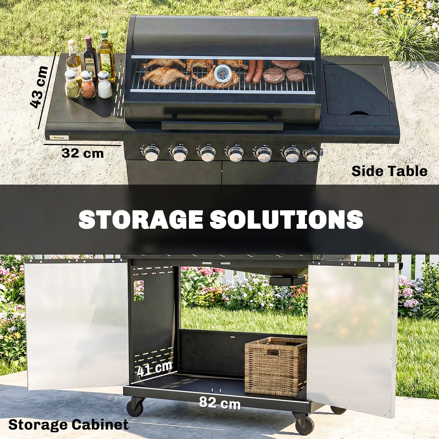 6+1 Burner Gas BBQ Grill, Outdoor Barbecue Trolley with Wheels, Warming Rack, Thermometer, Bottle Opener, Black