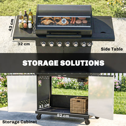 6+1 Burner Gas BBQ Grill, Outdoor Barbecue Trolley with Wheels, Warming Rack, Thermometer, Bottle Opener, Black
