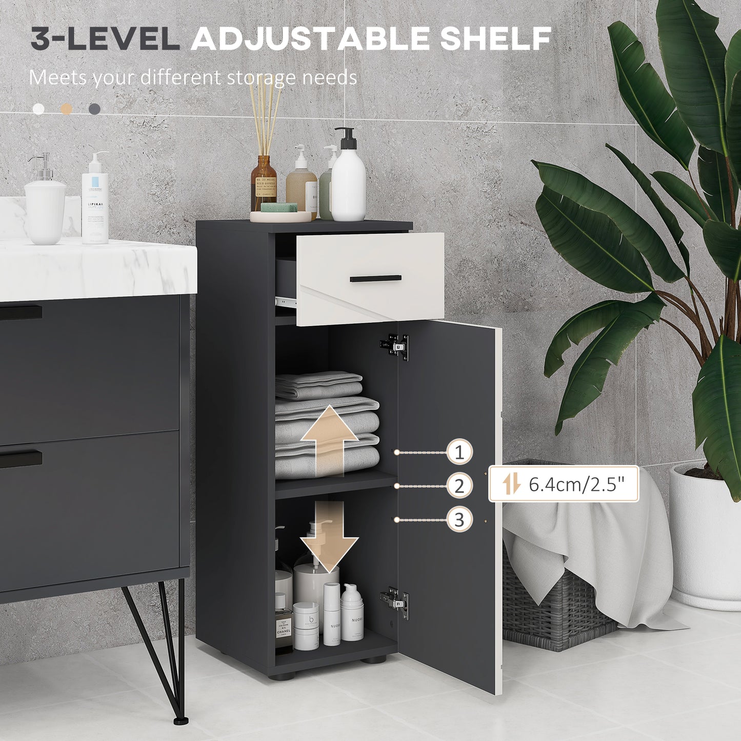 Slim Bathroom Cabinet, Narrow Bathroom Storage Cabinet with Drawer, Door Cupboard, Adjustable Shelf and Soft Close Mechanism