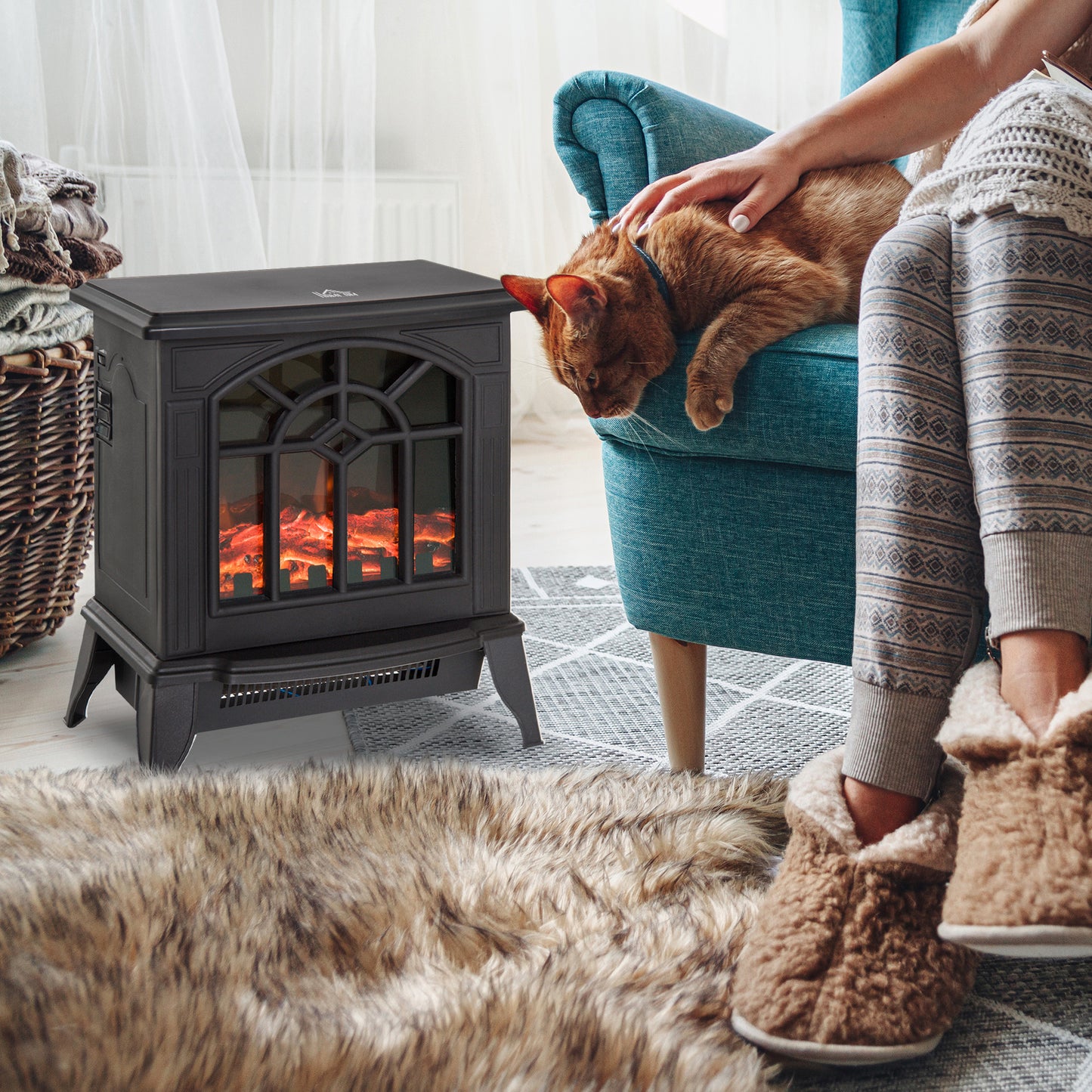 1000W/2000W Freestanding Electrical Fireplace Indoor Heater Stove Log Wood LED Burning Effect Flame with Thermostat Control B