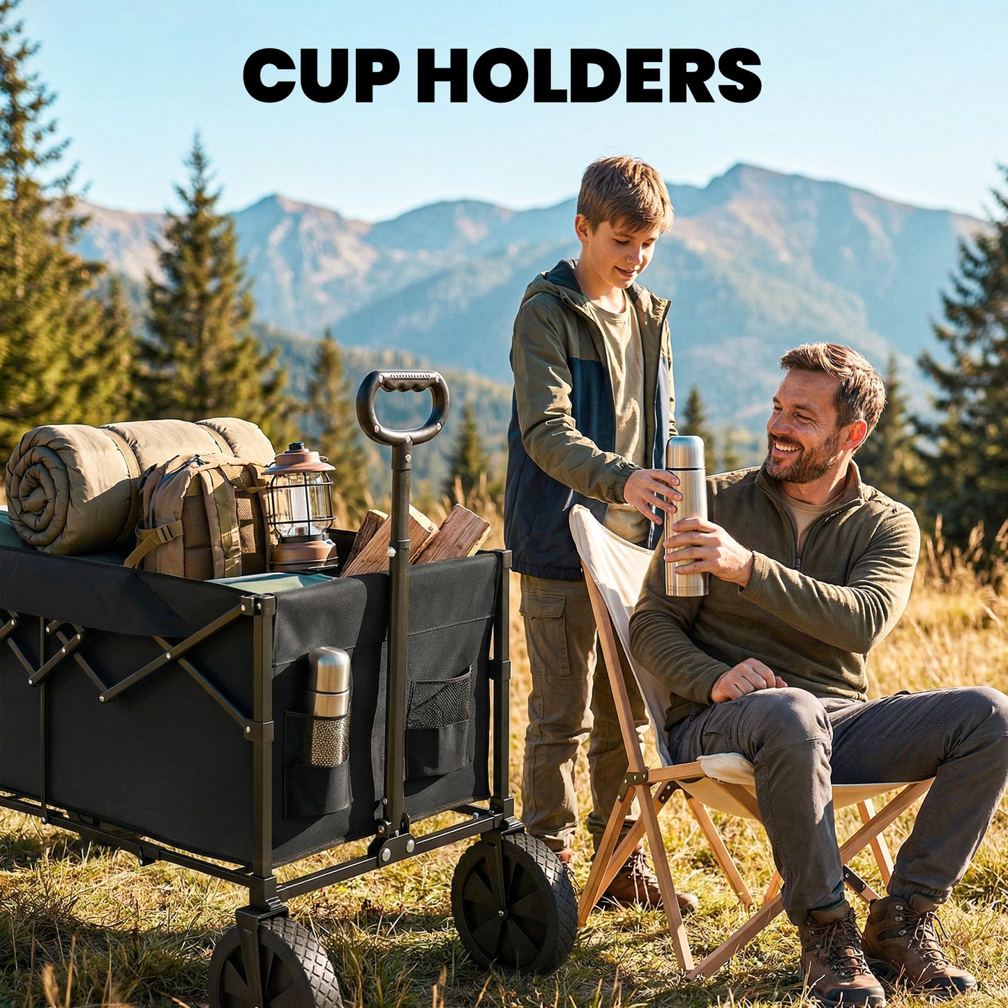95L Foldable Festival Trolley on Wheels, Collapsible Wagon Cart with Adjustable Handle and 2 Cup Holders, Black