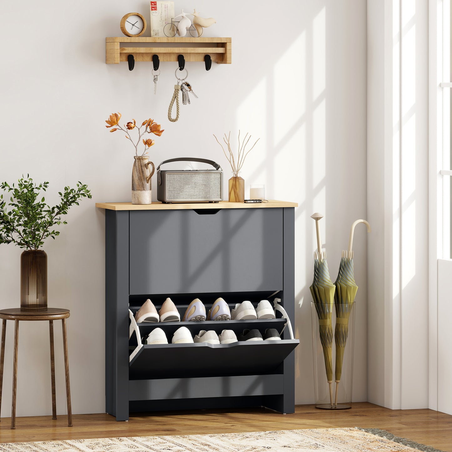 Slim Shoe Cabinet, Narrow Shoe Cupboard with 2 Flip Drawers, Adjustable Shelves for 12 Pairs of Shoes, Charcoal Grey