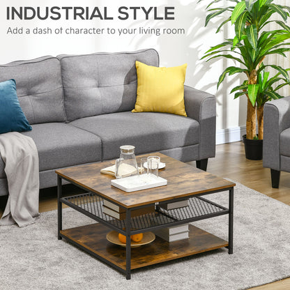 Coffee Table, Living Room Table with 3-Tier Storage Shelves, Square Tea Table for Home Office, Rustic Brown