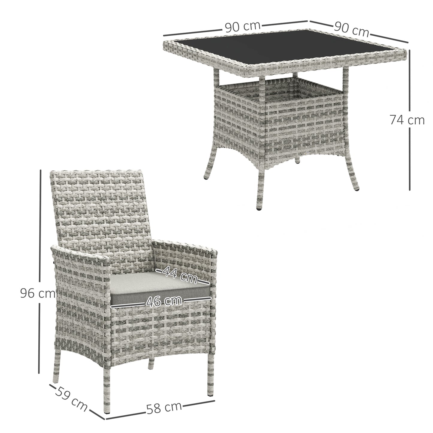 Rattan Garden Furniture Set, Outdoor Dining Table and Chairs 4 Seater with Cushions, Square Tempered Glass Top, 4 Armchairs