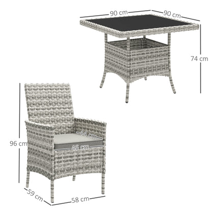 Rattan Garden Furniture Set, Outdoor Dining Table and Chairs 4 Seater with Cushions, Square Tempered Glass Top, 4 Armchairs