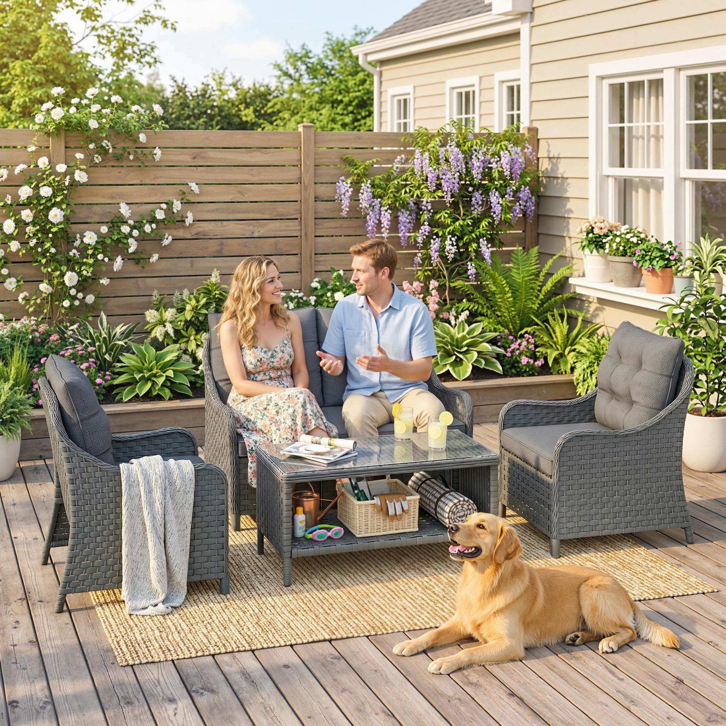 4-Piece Wicker Patio Furniture Set with 2 Armchairs, Loveseat, Glass Coffee Table, Conversation Sofa Set, Dark Grey