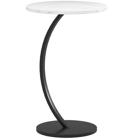 C Shaped Side Table, Round Bedside Table with Marble Effect Top
