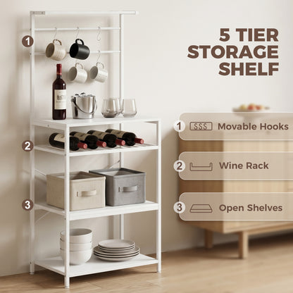 Freestanding Shelving Unit, Industrial Storage Shelf with 6 Hooks and Wine Rack for Living Room, Home Office, White