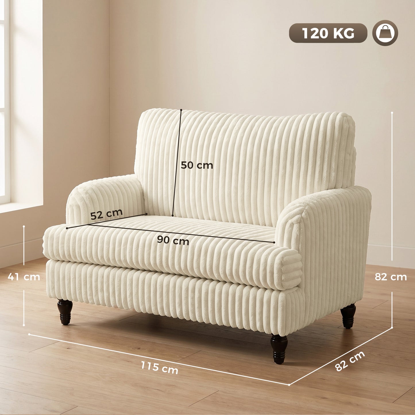 Corduroy Single Sofa Armchair, Modern Accent Chair with Stripes, Turned Legs and Wide Seat, Cream