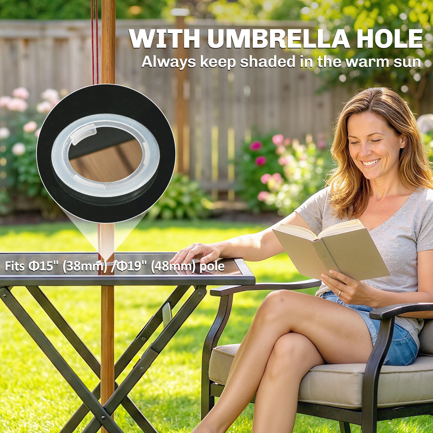 Folding Outdoor Dining Table, Square Garden Table Tempered Glass Top with Parasol Hole Garden Patio, 70 x 70 x 70 cm