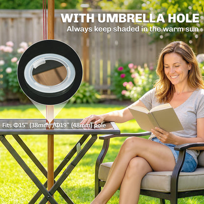 Folding Outdoor Dining Table, Square Garden Table Tempered Glass Top with Parasol Hole Garden Patio, 70 x 70 x 70 cm