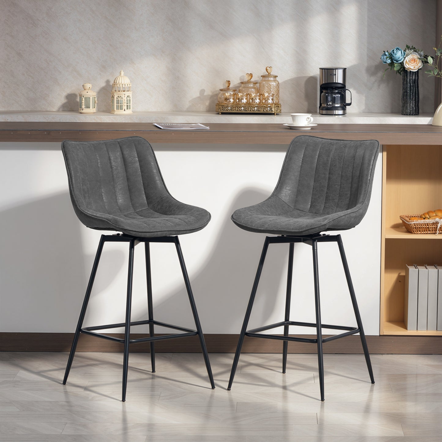 Set of 2 PU Leather Swivel Bar Stools - Grey
