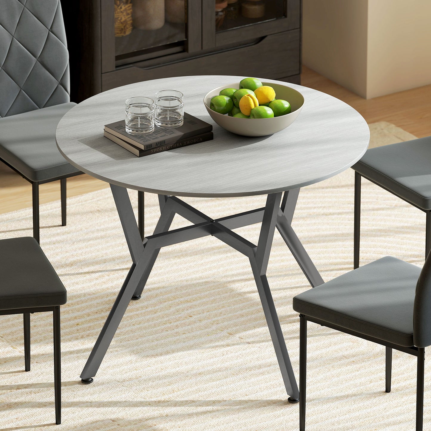 Dining Table, Round Kitchen Table with Black Legs, Anti-slip Foot Pads for Living Room, Dining Room 90 x 76 cm, Grey