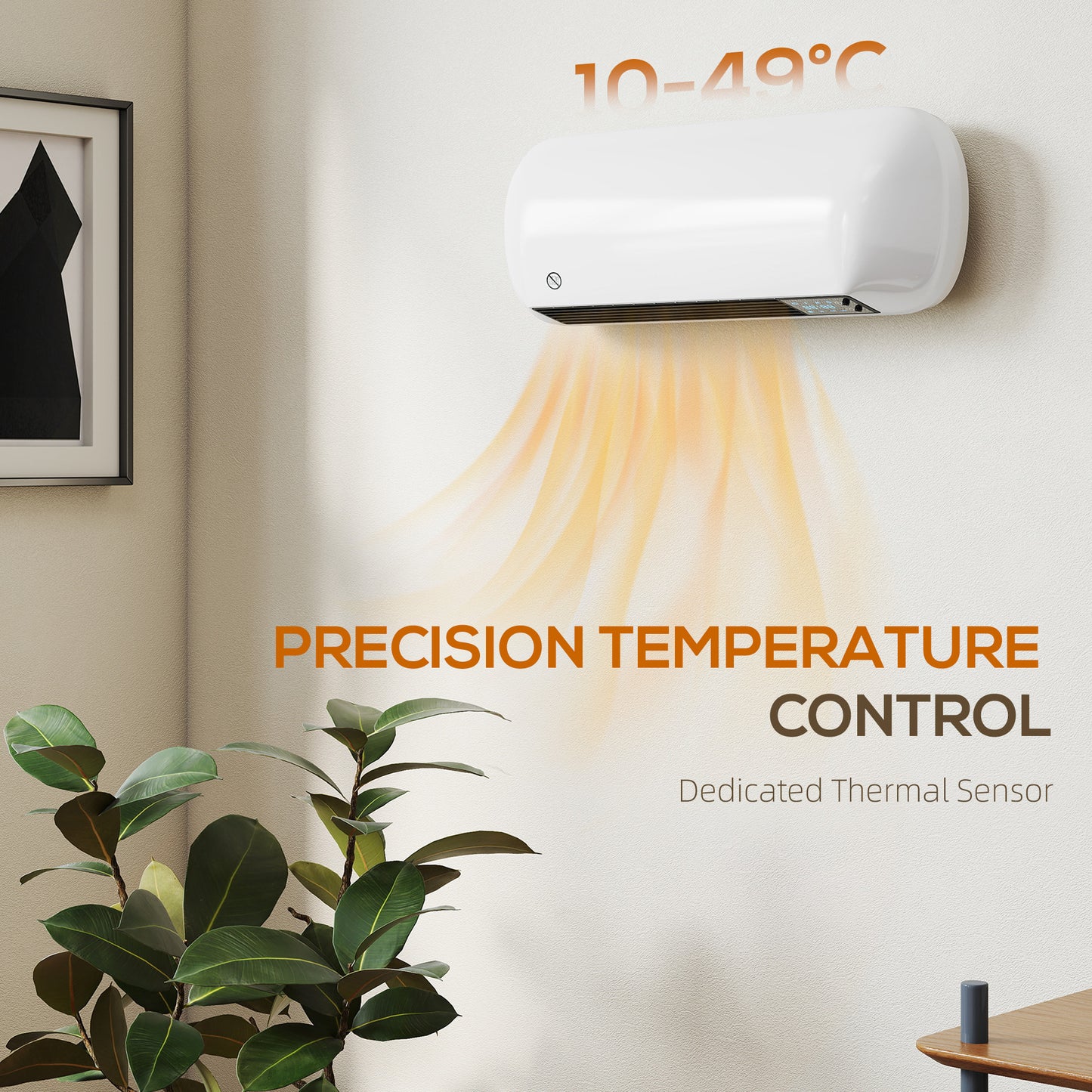 2000W Ceramic Electric Heater with Fan, Adjustable Thermostat, Wall Mounted - White
