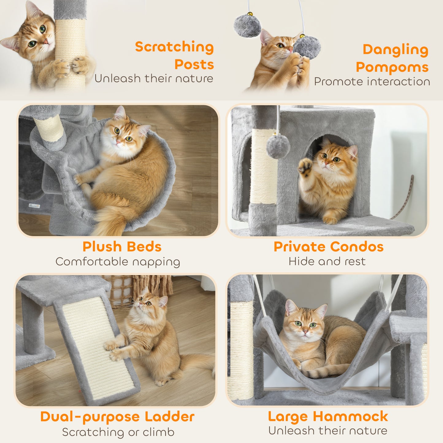 Cat Tree, 192 cm Large Multi-Level Cat Tower for Indoor Kittens with 8 Scratching Posts, 3 Plush Beds, 2 Hammocks
