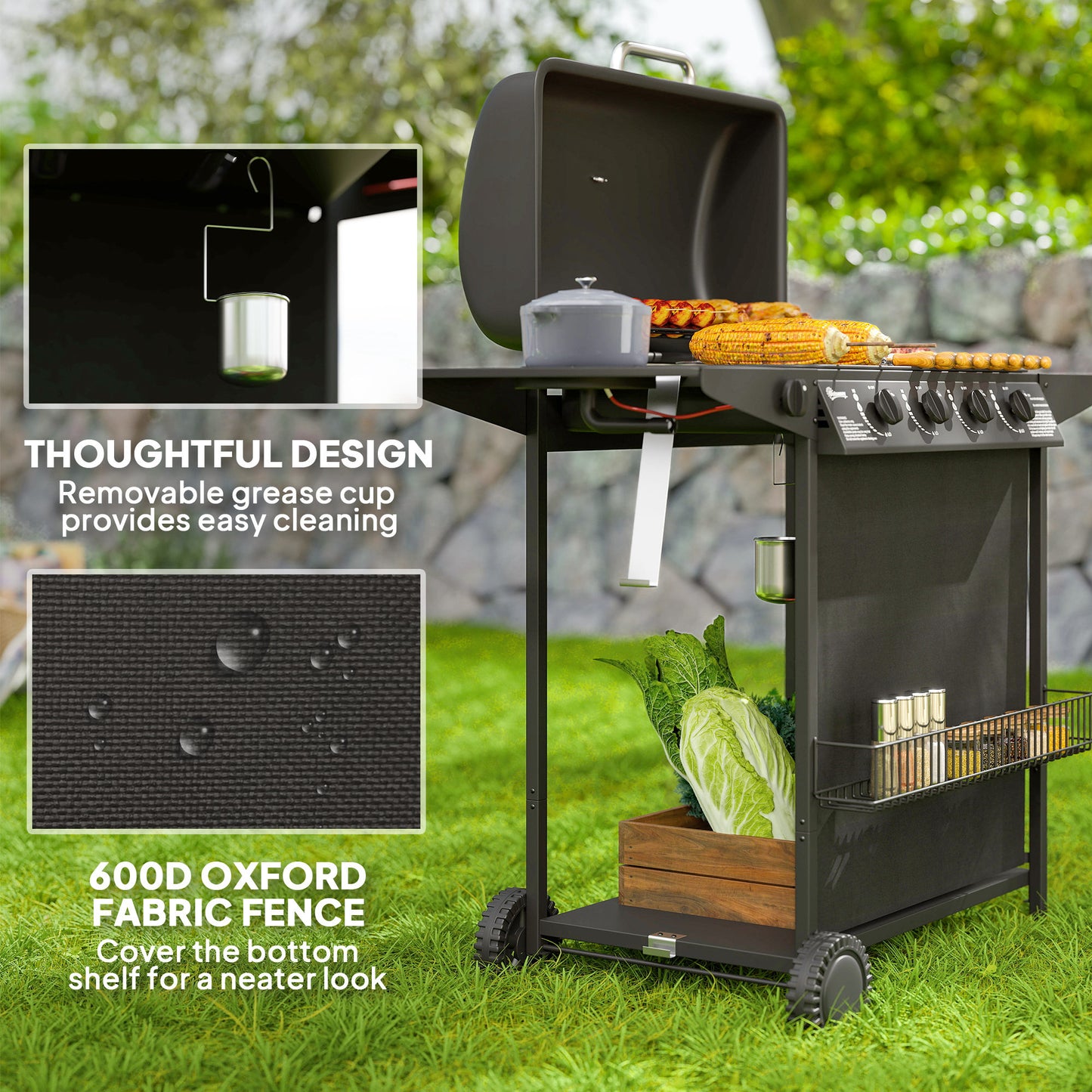 4+1 Burner Gas BBQ Grill, Portable Gas Barbecue Grill with Built-in Thermometer, Lid, Side Table, Shelf, Spice Rack, Wheels