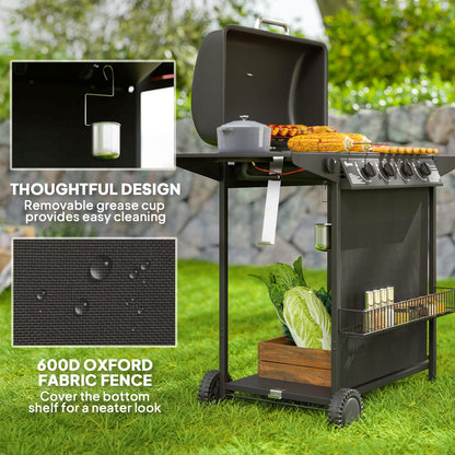 4+1 Burner Gas BBQ Grill, Portable Gas Barbecue Grill with Built-in Thermometer, Lid, Side Table, Shelf, Spice Rack, Wheels