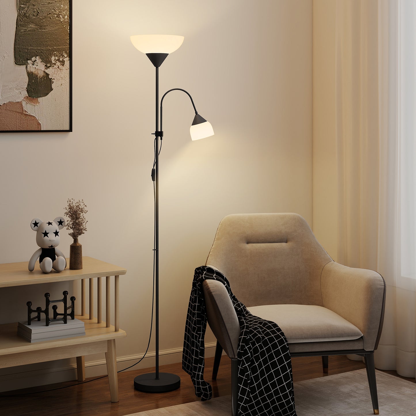 LED Floor Lamp for Living Room, 180cm Tall Standing Lamp, Mother and Child Uplighter with Adjustable Gooseneck, Black