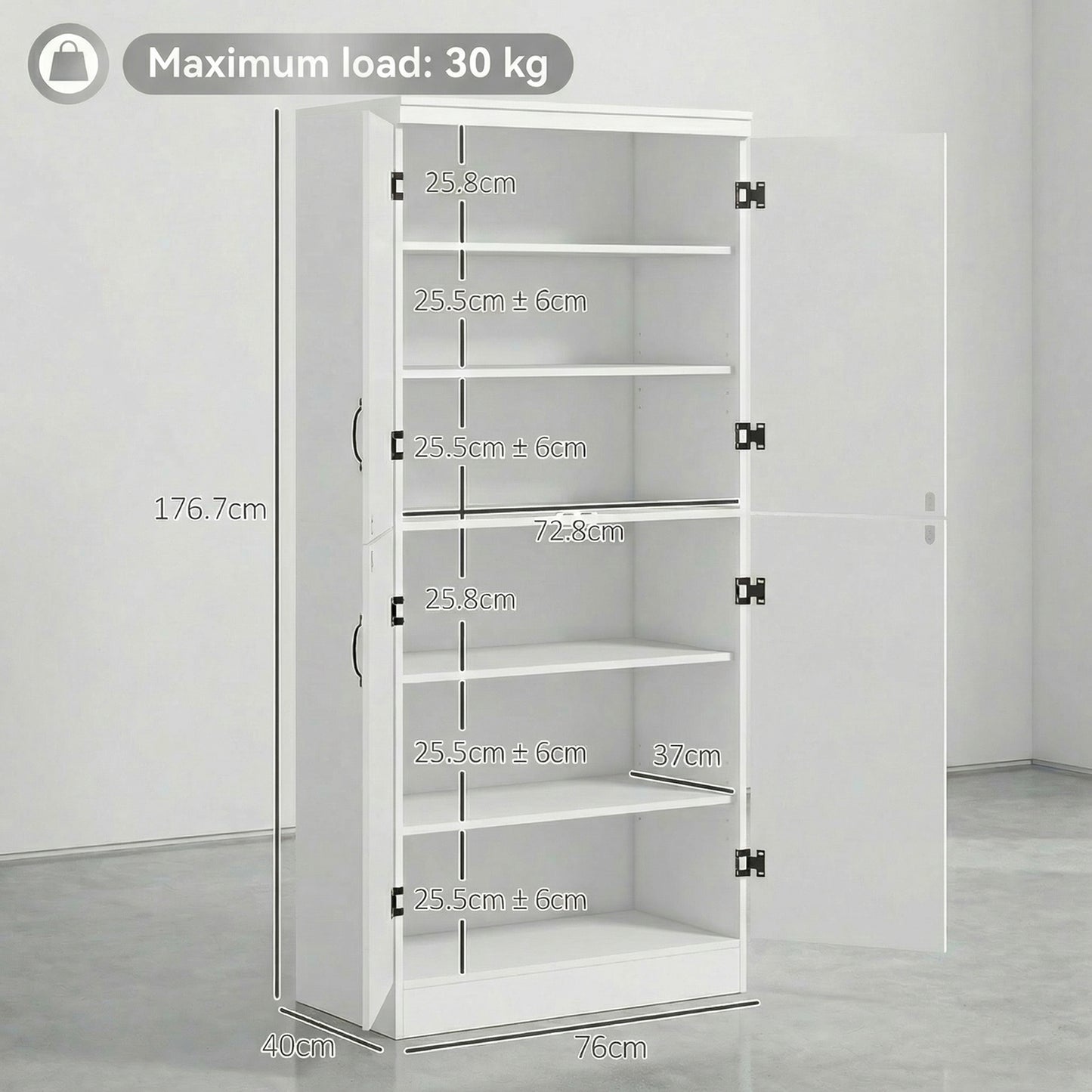 4-Door Tall Kitchen Cupboard, Freestanding 6-Tier Storage Cabinet with 2 Adjustable Shelves for Living Room, Dining Room