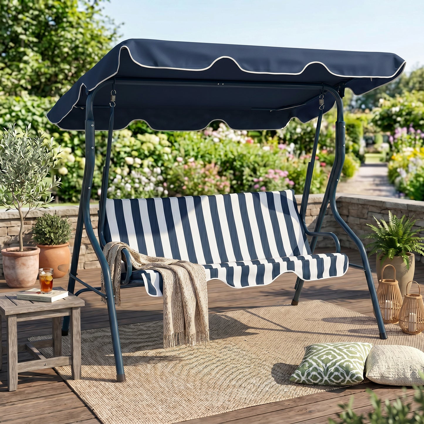 3 Seater Garden Swing Seat Chair Outdoor Bench with Adjustable Canopy and Metal Frame, Blue Stripes